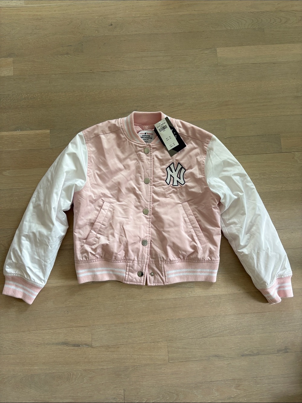 abercrombie kids Pink and White Contrast Sleeve Puffer Jacket New York Yankees